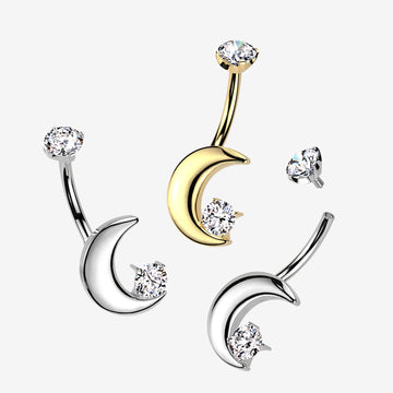 Detail View 1 of Implant Grade Titanium Golden Crescent Moon Sparkle Internally Threaded Belly Button Ring-Clear Gem